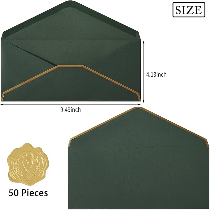 50 Pack #10 Business Envelopes with Gold Border, Self Seal Standard Envelopes with Gold Stickers for Office, Checks, Letter Mailing, Invoices, 4 1/8 x 9 1/2 Inches (Dark Green)