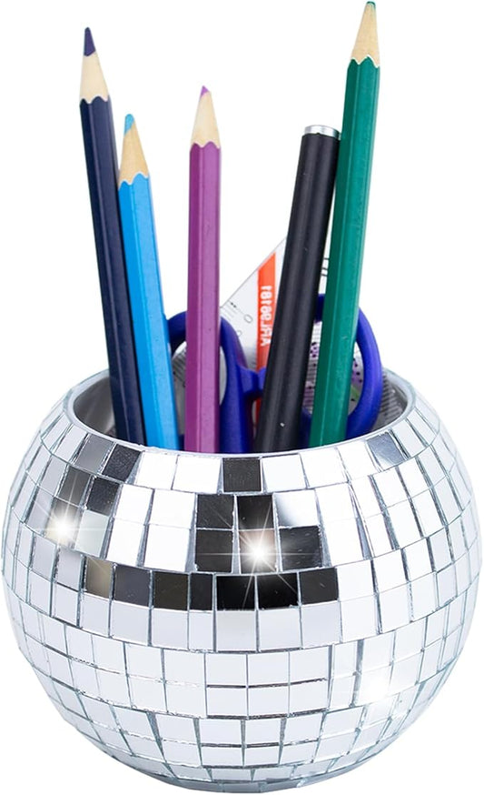 FlidRunest Disco Ball Pencil Pen Holder for Desk, Sequin Plastic Makeup Brush Holder Organizer, Disco Ball Desk Accessories Decor, Multifunctional Pencil Cup for Home Office Decoration