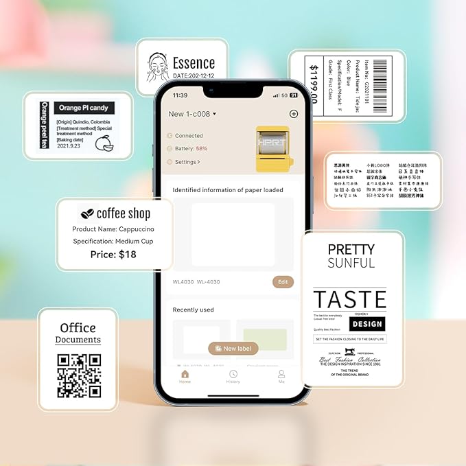 NEW1 Label Printer 2 Inch Portable Inkless Bluetooth Label Maker for Small Business, Home, School, Sticker Printer for Address, Logo, Barcode, Clothing, with Automatic Label Recognition（White）