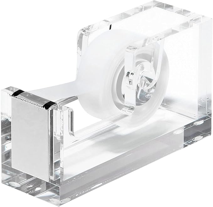 OfficeGoods Acrylic Tape Dispenser – Modern Desk Organizer for Office Supplies – Heavy Duty Refillable Tape Holder for Home and School Crafting – Stylish Desktop Accessory for Gift Wrapping, Silver