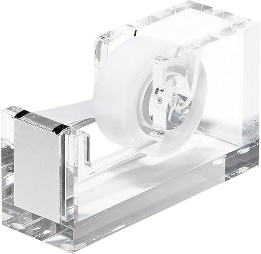 OfficeGoods Acrylic Tape Dispenser – Modern Desk Organizer for Office Supplies – Heavy Duty Refillable Tape Holder for Home and School Crafting – Stylish Desktop Accessory for Gift Wrapping, Silver