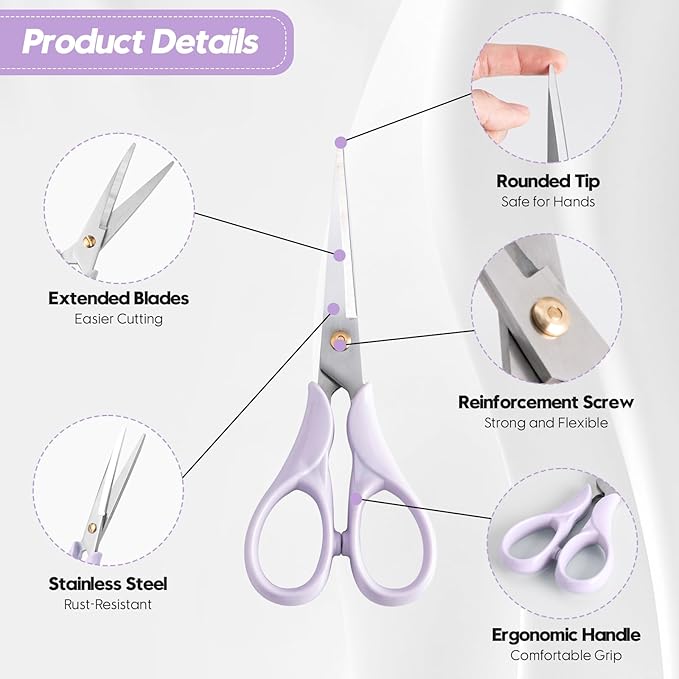 Honagu Professional Scissors - Stainless Steel Precision Blades, Non-Slip Ergonomic Handles for Crafting, Office, Fabric & DIY Projects (Purple)