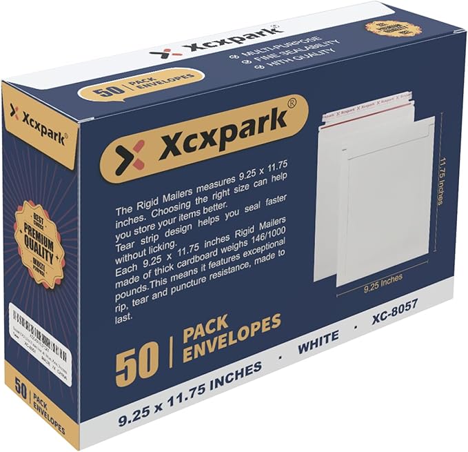 50 Pack Rigid Mailers 9.25 x 11.75 inches, Self Seal Photo Document Mailers Premium Cardboard Keep Flat Envelopes for Photos, Pictures, Papers, Files, CD