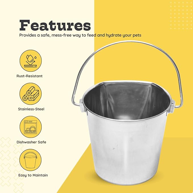1 Quart Stainless Steel Flat Side Bucket | Durable Heavy Duty Food & Water Feeding Pails for Small Pet Dog Birds Cat | Fits kennels Cages Critter Crates Hanging Pail | Multipurpose Bucket