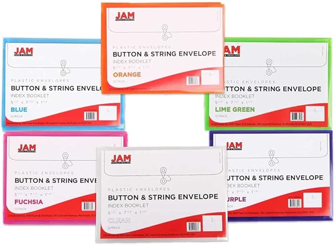 JAM PAPER Plastic Envelopes with Button & String Tie Closure - Index Size - 5 1/2 x 7 1/2 - Assorted Colors - 6/Pack