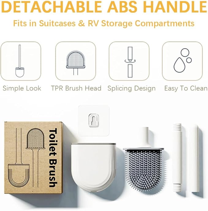 Kucucyle Mini RV Silicone Toilet Brush with TPR Bristles & ABS Detachable Handle Set, Flexible 360°Deep Cleaners Brushes, Wall-Mounted Design for Space-Saving RV Bathrooms Toilet Bowl Brush (White)