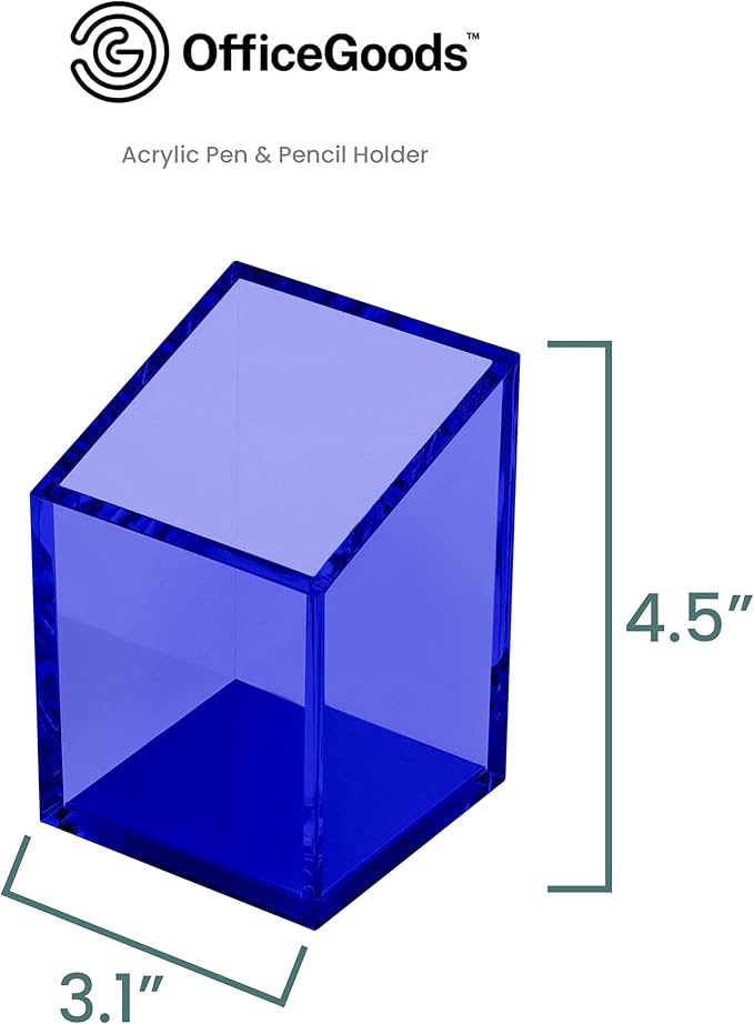 OfficeGoods Acrylic Pen & Pencil Holder - Modern Trapezoid Design - Beautiful Desk Organizer for Home or Office - Contrasting Metal Base - 3" Square w/ 3.5" Front & 4.5" Back - Blue