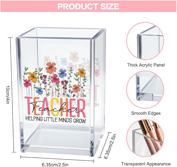 Teacher Helping Little Minds Grow Acrylic Cosmetic Pencil Pen Holder Cup, Cute Teacher Pen Holder Cup, Back to School Gifts, Graduation Appreciation Gifts for Women Men Teacher