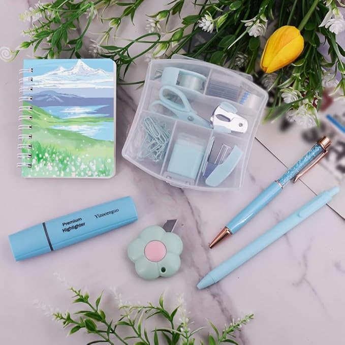 Mini Office Supply Kit Includes Stapler Tape Dispenser Staple Remover Paper Clips Scissor Notebook Highlighter Ballpoint Pen Small Telescopic Knife for Office and School Student (Blue Set)