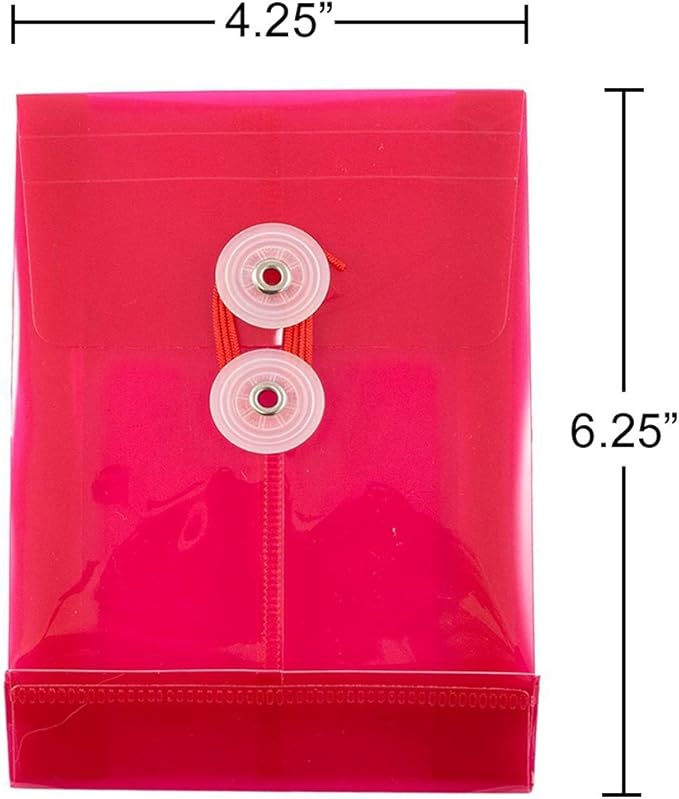 JAM PAPER Plastic Envelopes with Button & String Tie Closure - 4 1/4 x 6 1/4 - Pink - 12/Pack