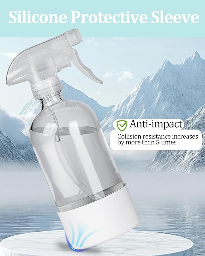 2 Pack 360° Glass Spray Bottles with Silicone Sleeve, 16 oz Empty Refillable Containers with Adjustable Spray Nozzles, Spray Bottles for Hair, Cleaning Solutions and Plants White