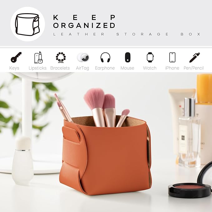 HOMIEAZICOZI 2-Pack Cork Leather Desk Accessories Storage - Pencil Pen Holder - Makeup Brush Holder Organizer - Stylish Addition to Home Decor (Orange)