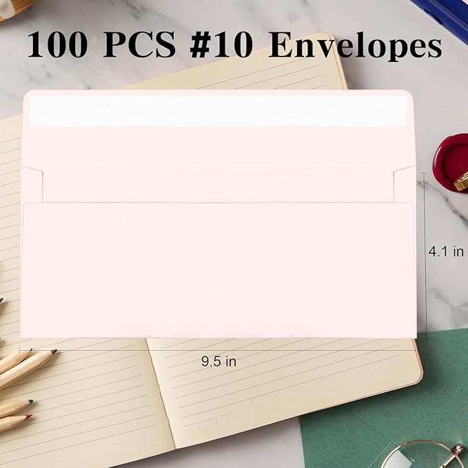 100 Pack Blush Pink #10 Business Envelopes, Standard Envelopes Self Seal, 4 1/8 x 9 1/2 Inch Letter Size Business Mailing Envelopes for Checks Invoices Statements Baby Shower Wedding Birthday
