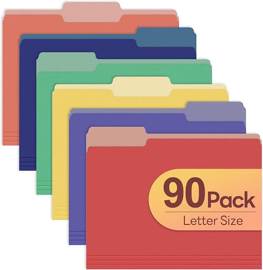 Piasoenc Color File Folders Set of 90, 1/3 Cut Tab, Letter Size Folder for 8.5 x 11 Documents Files, Assorted 6 Colors Filing for Office School Business