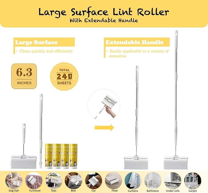 HapChron Large Surface Lint Roller with Extendable Long Handle Dust-Proof Cover 6.3'' Wider 240 Sheets, Long Handle Sticky Mop for Cleaning Furniture Carpet Floor Curtains and Pet Hair