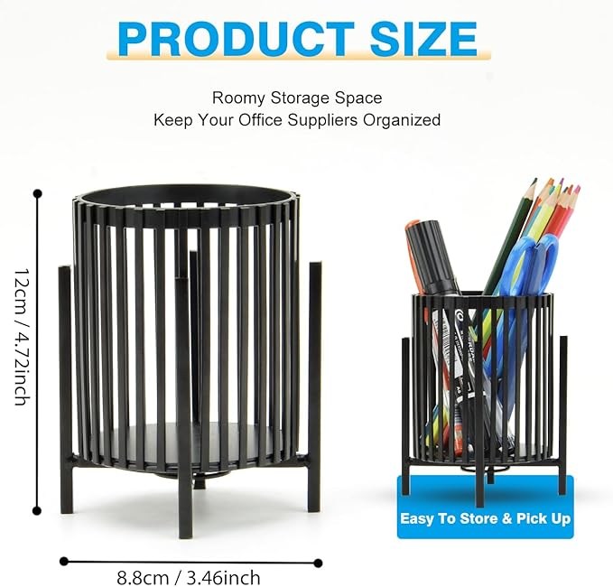 Black Pen Holder Cup for Desk, Black Metal Pencil Holder, Premium Metal Pen Cup Pencil Holder Marker Holder, Desk Accessories Organizer for Home & Office