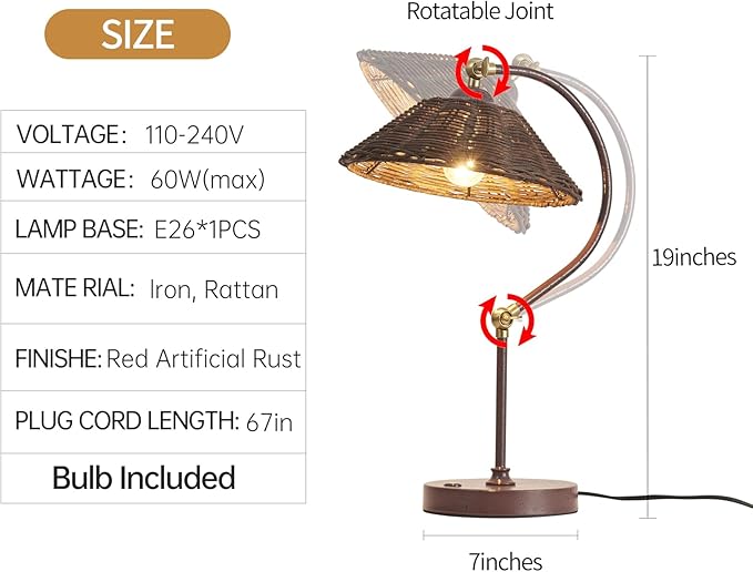 Woven Rattan Bedside Table Lamp for Bedroom, Boho Plug in Handmade Rattan Shade & Anti-Rust Iron Base Desk Lamp, Plug & Play Vintage Dark Brown Nightstand Lamp for Living Room, Office 【Bulb Included】