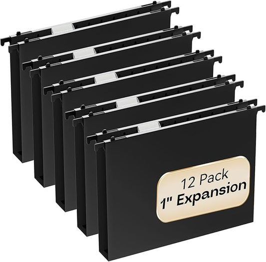 Plastic Hanging File Folders Letter Size,1 Inch Expansion,12 Pack Reinforced Black Hanging Folders with Heavy Duty,Hanging File Folders with Tabs,Durable File Cabinet Folders