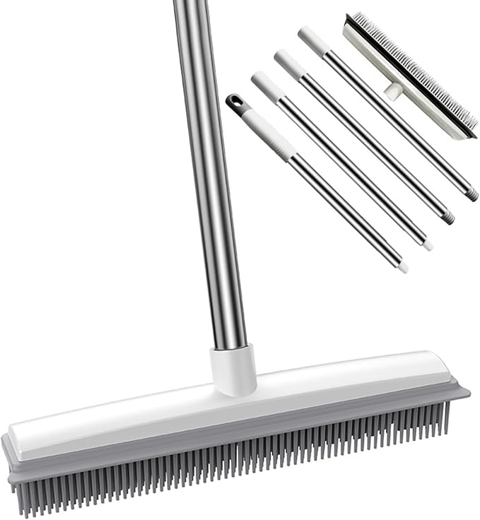 Rubber Broom with Built in Squeegee, Carpet Rake for Pet Hair Removal, Fur Remover Broom with 51" Adjustable Long Handle, Soft Push Broom for Carpet, Hardwood Floor, Tile
