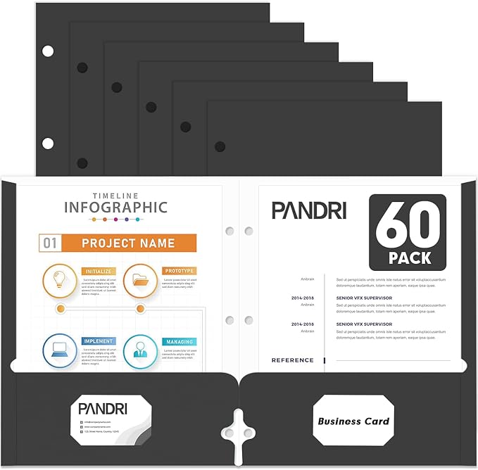 Two Pocket Portfolio Folders, PANDRI 60 Pack 3 Hole Punched 2 Pocket Folders for 3 Ring Binder, Letter Size Paper File Folder for School Office Home Business, Black