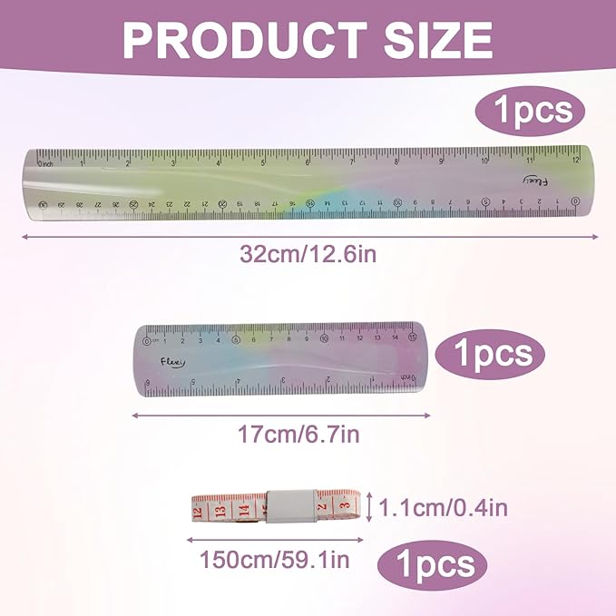2 PCS Ruler, Kids Ruler, Soft Flexibleruler, Bendable Plasticruler, Single Piece Plastic Construction, with 1 Measuring Tape for School, Classroom, Office, Kids & Adults (5.9 in, 11.8 in)