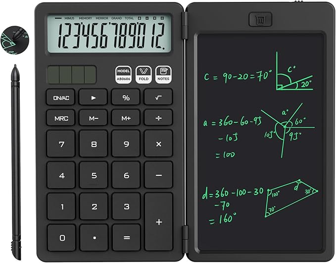NEWYES Calculator, with Writing Tablet and Pen, Solar & Battery Powered, Suitable for Students, Families, Offices (Black)