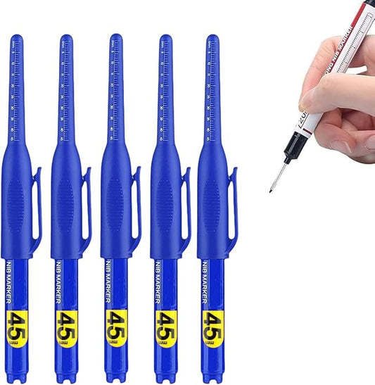 5PCS Long Head Deep Hole Marker Pens, 20mm Deep Reach Long Nose Markers, 45mm Permanent Markers Carpenter Ink Marker Pens, Waterproof Construction Markers Marking Tool, Metal Marking Pen (45MM Blue)