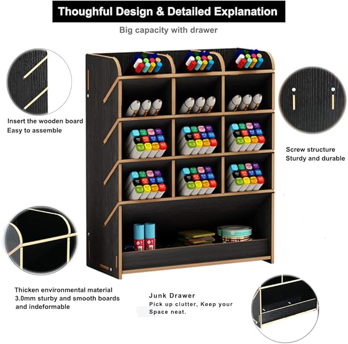 Marbrasse Wooden Pen Organizer, Multi-Functional DIY Pen Holder Box, Desktop Stationary, Easy Assembly, Home Office Art Supplies Organizer Storage with Drawer (B12-Black)