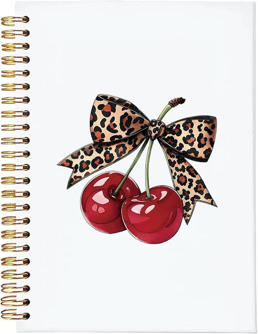 Leopard Bow Cherry Notebook Journal, Trendy Coquette Aesthetic School Supplies for Girls, Preppy Spiral Planner for Girls & Women, Cute College Ruled Notebook Gift, 5.5x8.3 Inch