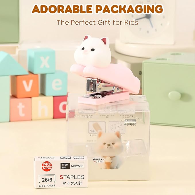 Honagu Mini Cute Animal Stapler with Staples, Cartoon Stereoscopic Silicone (PVC) Stapler, Labor-Saving Office Supplies for Students Kids (Pink Puppy)