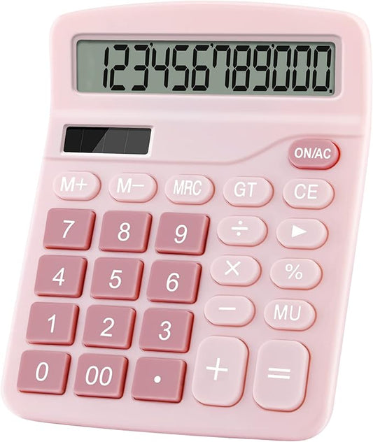 Office Desk Calculator with Solar Power, 12 Digits Large LED Display, Calculators Desktop with Big Buttons, Pink Office Home School Supplies (Pink)