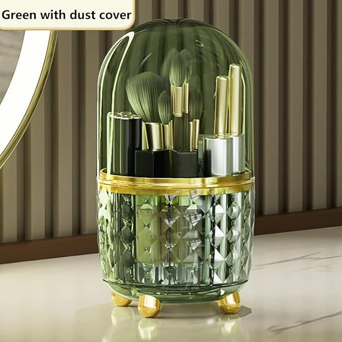 360° Rotating Pencil Holder for Desk, Makeup Brush Holder with 6 Slots, Desk Organizer for Writing Utensil, Office and School Supplies (Green with cover)