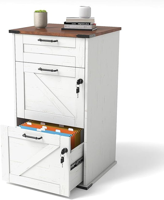 VINGLI 3 Drawer File Cabinet with Lock, Home Office Filing Organizer, for Letter Size File Folder Storage, Modern Farmhouse Style, Wood Vertical Filing Cabinet, Archivador (Rustic White & Brown)