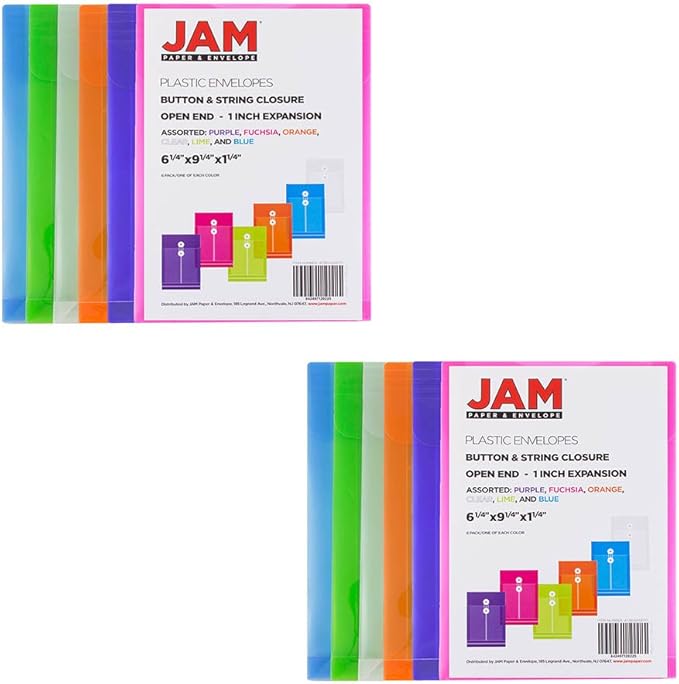 JAM PAPER Plastic Envelopes with Button & String Tie Closure - 6 1/4 x 9 1/4 - Assorted Colors - 12/Pack