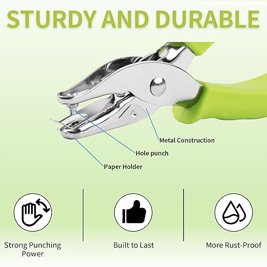 Single Hole Punch, 2 Pcs Hand Hole Puncher with-Green