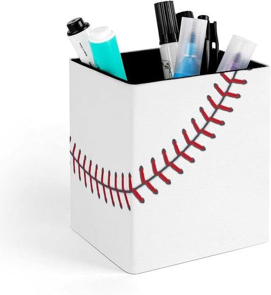 Square Pen Holder & Pencil Organizer for Desk - Office Storage Organizer, Markers/Makeup Brushes/Scissors Holder, Compact Desk Decor Accessories for Home Classroom School(Baseball Design)