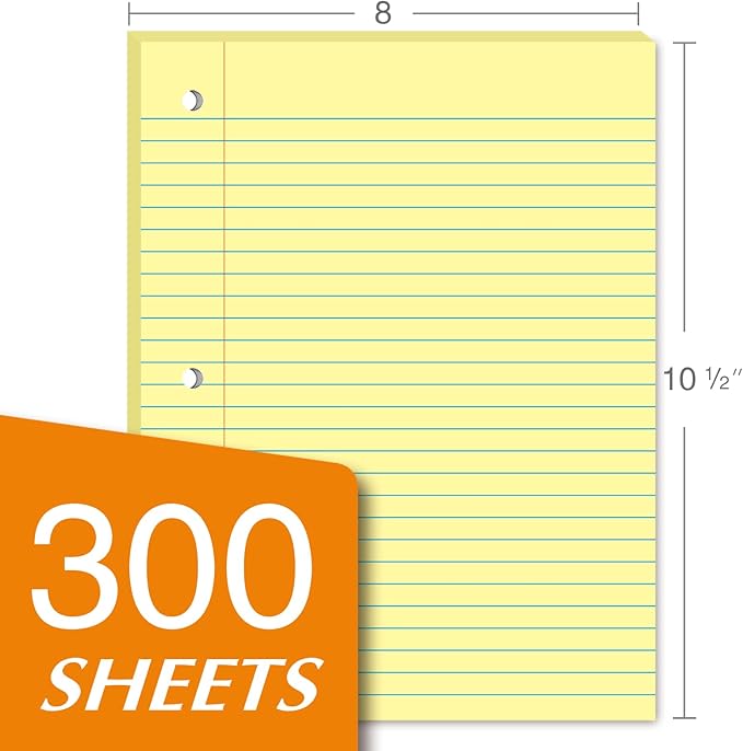 KAISA Loose Leaf Notebook Paper, Wide Ruled, 300 Sheets Per Lined Paper, 8" x 10.5", 3 Hole Punched for 3 Ring Binder, Canary, Made In USA