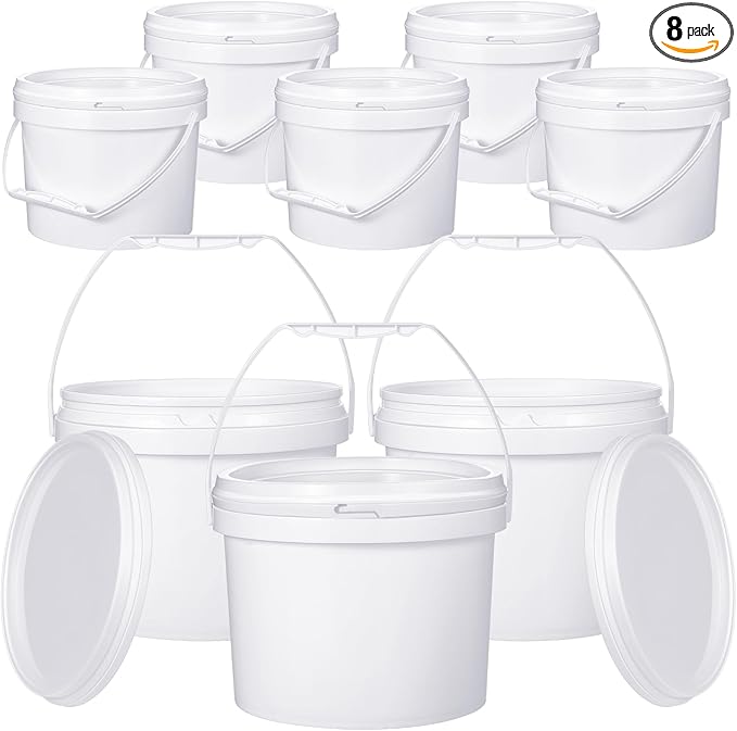 Leinuosen 8 Pcs Plastic Bucket with Handle and Lid Durable Heavy Duty Food Safe Bucket Pail Container for Multipurpose Storage Paint Art Crafts Projects, BPA Free(3 Gallon,White)