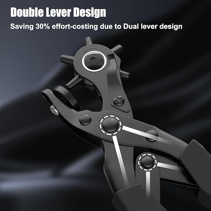 Diyife® Leather Hole Punch, Heavy Duty Belt Hole Punch, Revolving Punch Plier Kit with Extra Grinding Needle, Punch Plates, Ruler and 6 Marked Hole Sizes for Watch Band, Crafting, Fabric - Black