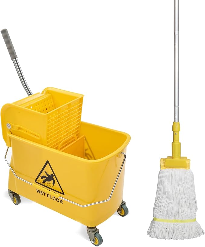 Midoneat Mop Bucket with Wringer, 22 Qt (5.5 Gallon), Handle, Wheels,Floor Cleaning, 16.5" L x 10.6" W x 26.4" H, Yellow,Add One Cotton Mop