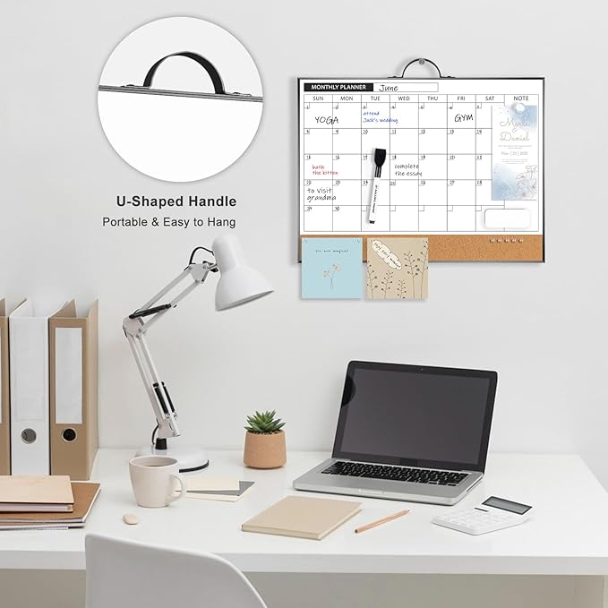 ARCOBIS Calendar Whiteboard Cork Board Combination for Wall, 12"x16" Double-Sided Monthly Dry Erase Calendar, Magnetic White Board for Planning, Office, School, Home, Black