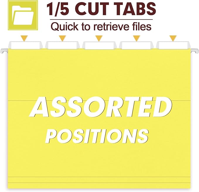 HERKKA Hanging File Folders, 30 Pack Reinforced Letter Size Hanging Folders, Designed for Bulky Files, Filing Cabinet, 1/5-Cut Adjustable Tabs (Yellow)