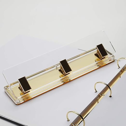 Acrylic and Gold Standard 3 Hole Punch,10 Sheet Capacity, Desktop Hole Puncher 3 Ring, Office Desktop Accessory,Clear/Gold