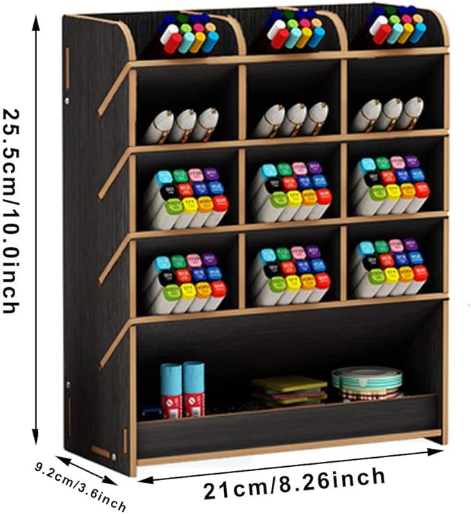 Marbrasse Wooden Pen Organizer, Multi-Functional DIY Pen Holder Box, Desktop Stationary, Easy Assembly, Home Office Art Supplies Organizer Storage with Drawer (B12-Black)