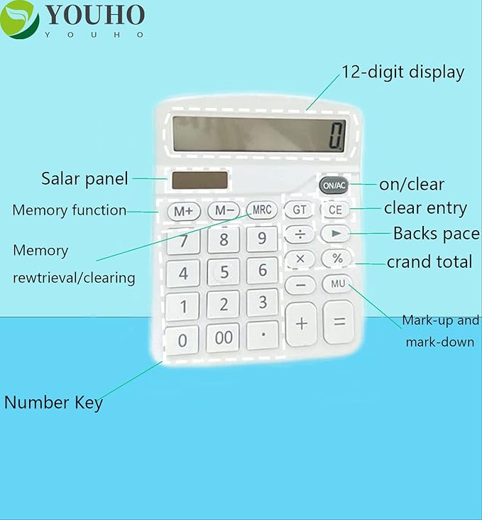 YOUHO Solar Battery Dual Power Standard Function Electronic Calculator with Large LCD Display - White