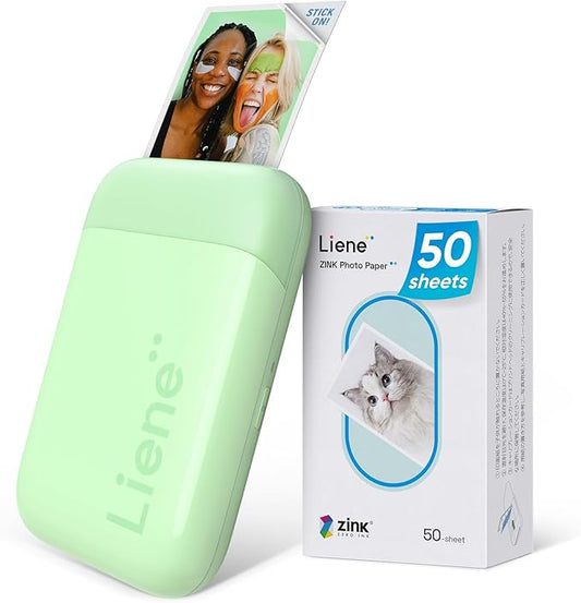 Liene Photo Printer, 2x3” Mini Portable Instant Photo Printer Bundle w/ 50 Zink Adhesive Paper, Bluetooth 5.0, Compatible w/iOS & Android, Small Color Mono Picture Printer for iPhone, Smartphone Green