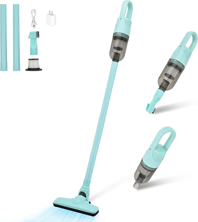 SIPPON 6-in-1 Lightweight Stick Vacuum Cleaner with 100W Powerful Motor, Mini Portable Household Handheld Vacuum Cleaner for Domestic Hard Floors, Carpets and Pet Hair(Green Cordless with Plug)
