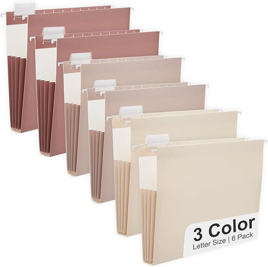 Y YOMA Letter Size - 6 Pack Extra Capacity Hanging File Folders Accordion Decorative File Folder Cute Colored Hanging Folder Organizer for Office Home with 1/5-Cut Adjustable Tabs, Mocha Color