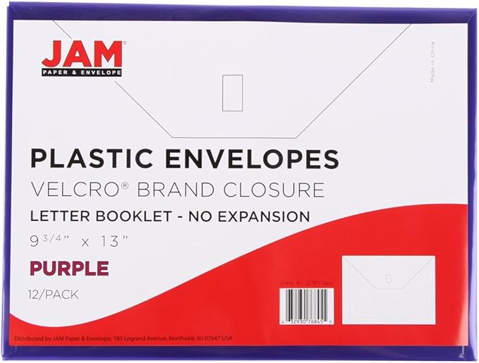 JAM PAPER Plastic Envelopes with Hook & Loop Closure - Letter Booklet - 9 3/4 x 13 - Purple - 12/Pack