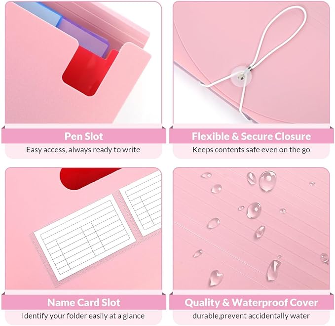 SKYDUE Pink Accordion File Organizer, 13 Pocket File Folder Organizer with Monthly Labels, Expanding Document Organizer for Letter A4 Size, Cute Filing Folder for School Office Home